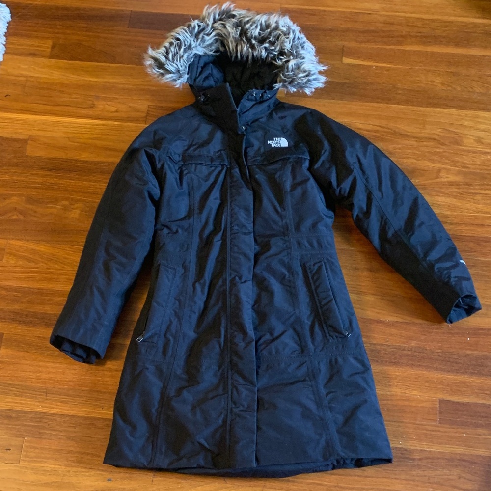 The North Face Women's Black Long Insulated Puffer Coat with Faux Fur Trim Hood